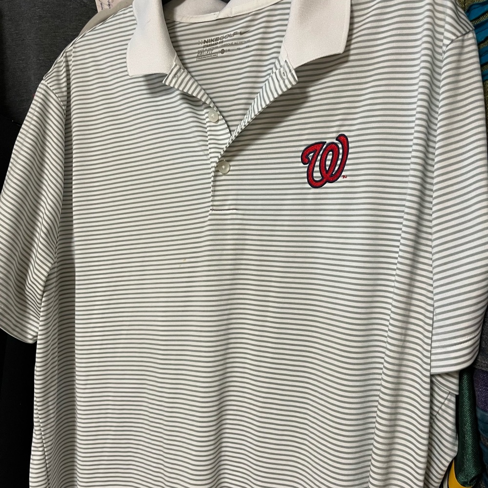 Nike  Washington Nationals White and Gray Striped Polo Shirt